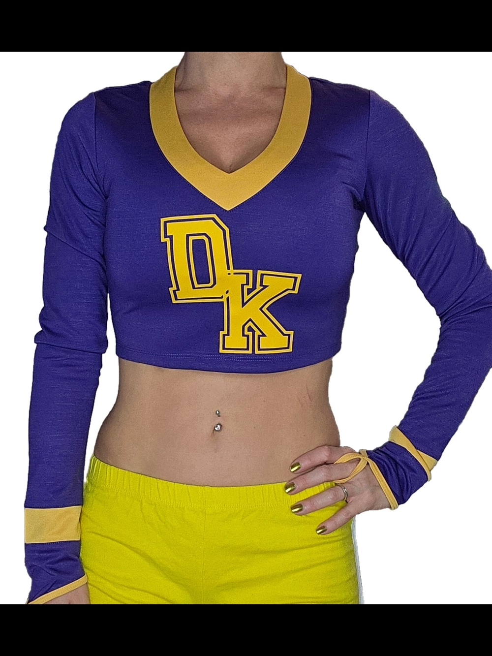 NWT Dolls Kill Jennifers Body Purple & Gold V-Neck Cropped Cheer Top Sz XXS